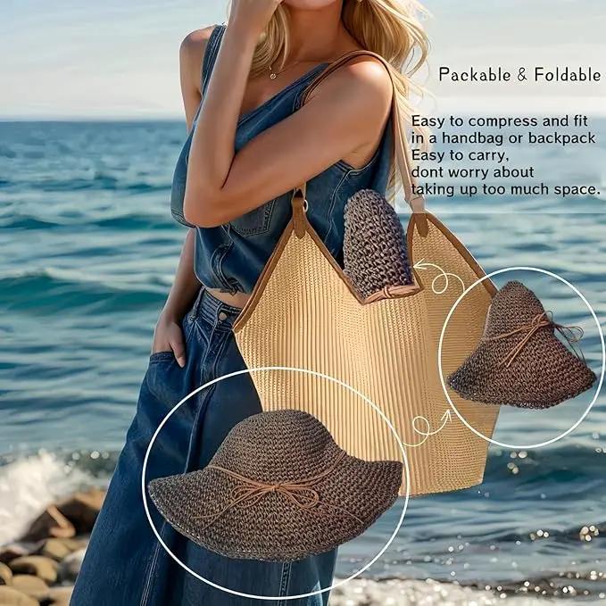 Womens Straw Beach Sun Hats, Foldable Packable Floppy Handmade Crochet Hats for Women,Large Summer Vacation Wide Brim Hat by GreenHaven Gardens