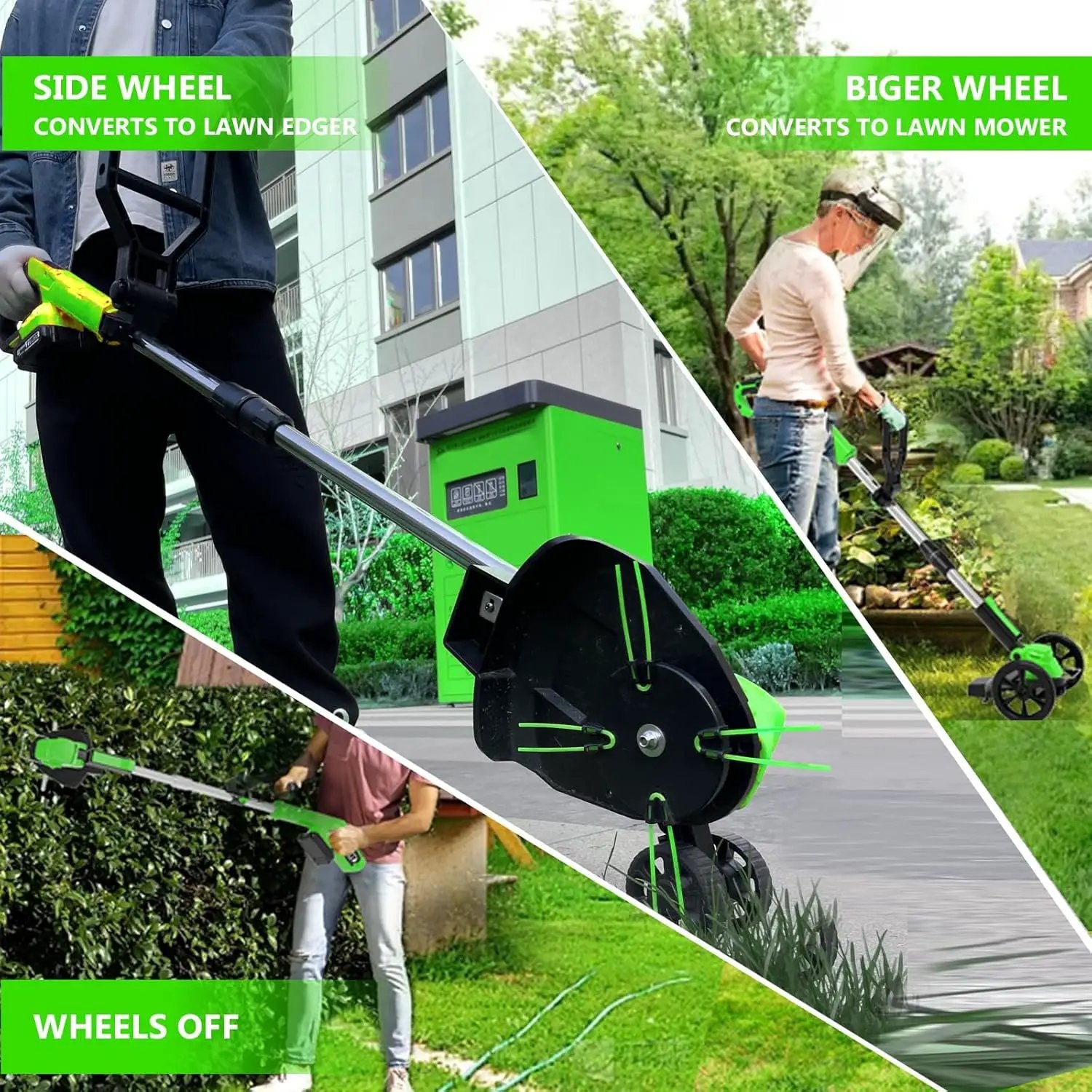 Electric Weed Wacker Eater Cordless Battery Powered, Weed Trimmer 21V Lightweight No-String with 2 Battery Operated & Wheels, 3 in 1 Stringless Grass Trimmer/Edger/Brush Cutter for Garden Yard Lawn by GreenHaven Gardens