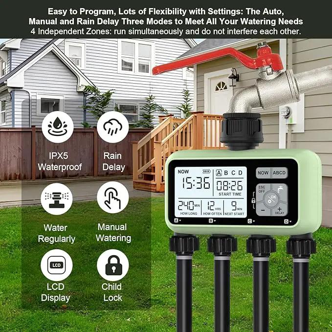4 Outlet Sprinkler Timer, Programmable Garden Hose Timer with Rain Delay, Manual& Automatic Watering System, Waterproof Gardening Supplies Irrigation Controller for 4 Separate Water Zones by GreenHaven Gardens