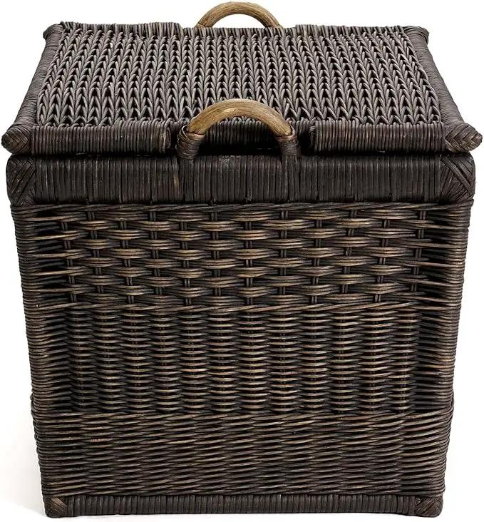 The Basket Lady Lift-Off Lid Wicker Storage Basket, Medium, 20 in L x 15 in W x 14 in H, Antique Walnut Brown by GreenHaven Gardens