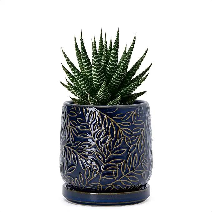 D'vine Dev 4 Inch Embossed Leaves Stoneware Planter Pot with Drainage Hole and Saucer, Midnight Blue, 27-A-Z-3 by GreenHaven Gardens