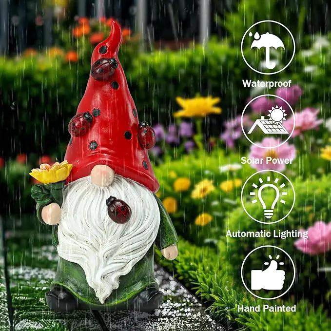 Garden Gnome Statue, Resin Sunflower Ladybug Gnome Figurine with Solar Lights for Porch Patio Yard Outdoor Decor by GreenHaven Gardens