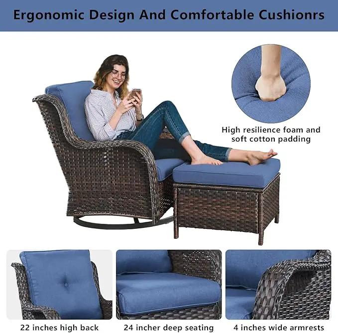 Wicker Outdoor Furniture Patio Furniture Set - 6 Piece Patio Conversation Set with Swivel Rocker Chairs, Rattan Sofa, Ottomans and Coffee Table, Blue Cushion by GreenHaven Gardens