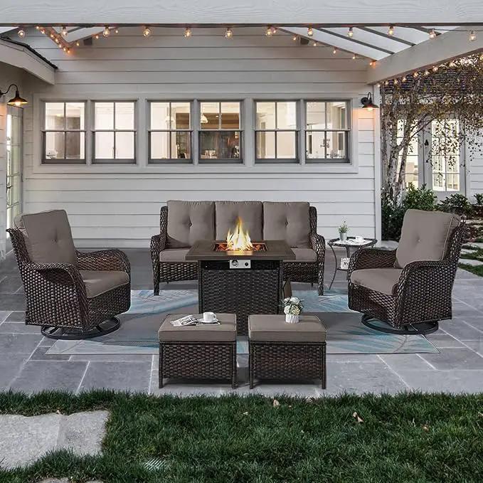 Outdoor Patio Furniture Set with Propane Fire Pit Table, 7 Pieces Wicker Patio Conversation Set with 2 Swivel Glider Rocker Chair Rattan Sofa Grey Cushion Perfect for Casual Gathering by GreenHaven Gardens