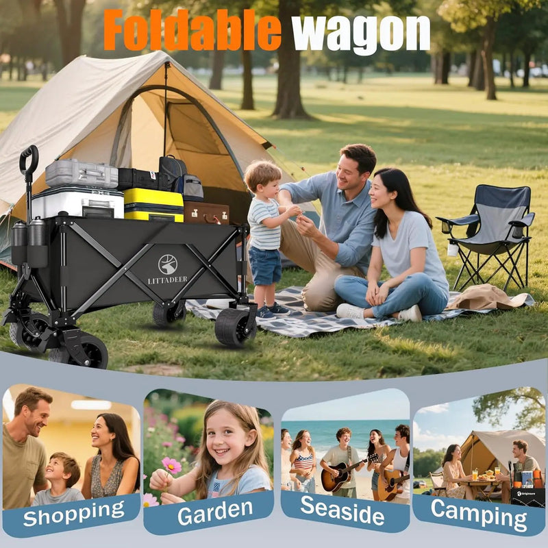 Collapsible Wagon Cart with Silent All-Terrain Wheels, Foldable Heavy Duty Beach Wagon with 330LB,Folding Cart with Cup Holders and Brakes for Camping, Garden,Shopping,Sports Black by GreenHaven Gardens