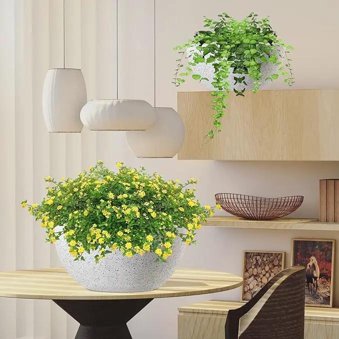 WOUSIWER 13 inch 2Pack Large Hanging Planters for Outdoor Indoor Plants with Drainage Holes and Chain, Round Hanging Flower Pots for Garden Home Porch Decor, White Speckles by GreenHaven Gardens