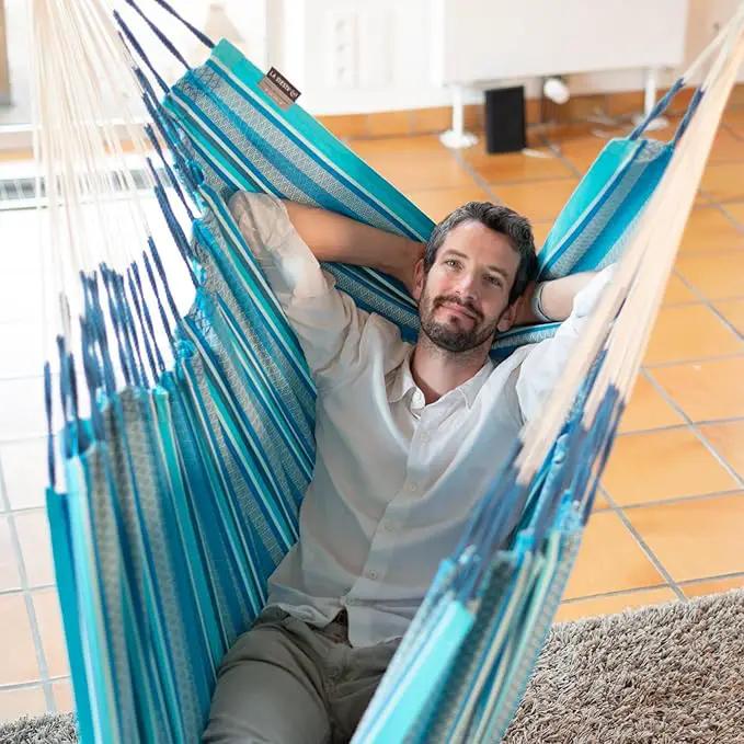 LA SIESTA® - XL King Habana Cotton Hammock & Romano Steel Stand - Indoor Outdoor Hanging Chair Swing for Bedroom Porch Balcony - Boho Hanging Chair - Azure by GreenHaven Gardens