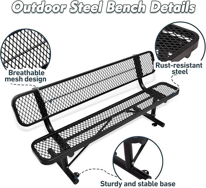 6FT Heavy Duty Park Bench with Back Portable Frame, Outdoor Metal Park Bench with Backrest, Steel Mesh Outdoor Bench for Garden, Lawn, Patio, Porch, Park, Yard (Black, 72.4" L x 23.2" W x 32.5" H) by GreenHaven Gardens