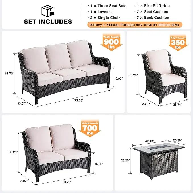 ovios 5 Pieces Patio Furniture Set with 42" Fire Pit Table, Outdoor Wicker Sofa with Loveseat, Comfy Cushions, High Back Couch Conversation Set, Brown Rattan, Beige by GreenHaven Gardens