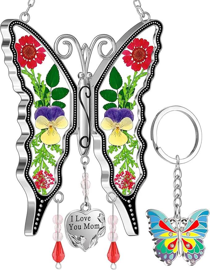 KY&BOSAM I Love You Mom Butterfly Suncatcher for Window Gift for Mom Pressed Flower Between Wings in Glass Metal Engraved Charm Gift for Women Mother's Day Valentine's Birthday Thanksgiving Christmas by GreenHaven Gardens
