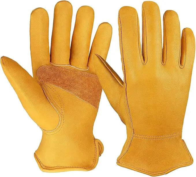 OZERO Flex Grip Leather Work Gloves Stretchable Wrist Tough Cowhide Working Glove 1 Pair (Gold, Large) by GreenHaven Gardens