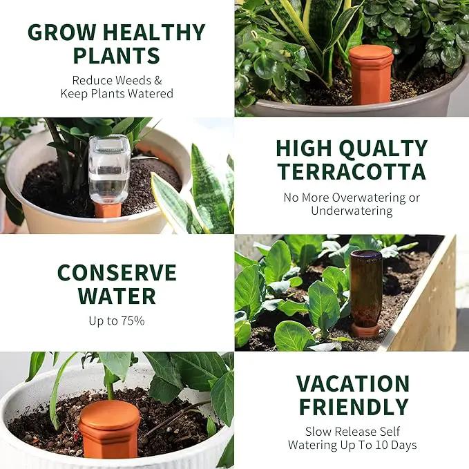 Large Terracotta Watering Spikes with Lids, Automatic Plant Waterer Outdoor | Indoor, Vacation Friendly Clay Plant Watering Devices System, Slow Release Self Watering Planter Insert, 6 Pack by GreenHaven Gardens