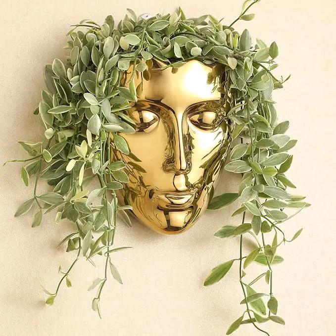 Face Vase,Ceramic Female Form Vase,Modern Sculpture Planter Pot,Human Face Dried Flower Shaped Vase,Wall Hanging Plant Pot for Home Decor Centerpieces, Office or Outdoor Hanging Decor Gold by GreenHaven Gardens