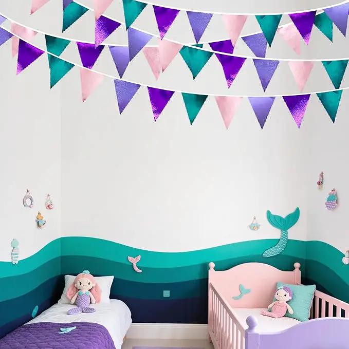 Mermaid Party Decorations Purple Pink and Teal Aqua Metallic Fabric Triangle Pennant Banner Flag Bunting Garland for Mermaid Under the Sea Birthday Wedding Baby Shower Engagement Party Supplies by GreenHaven Gardens
