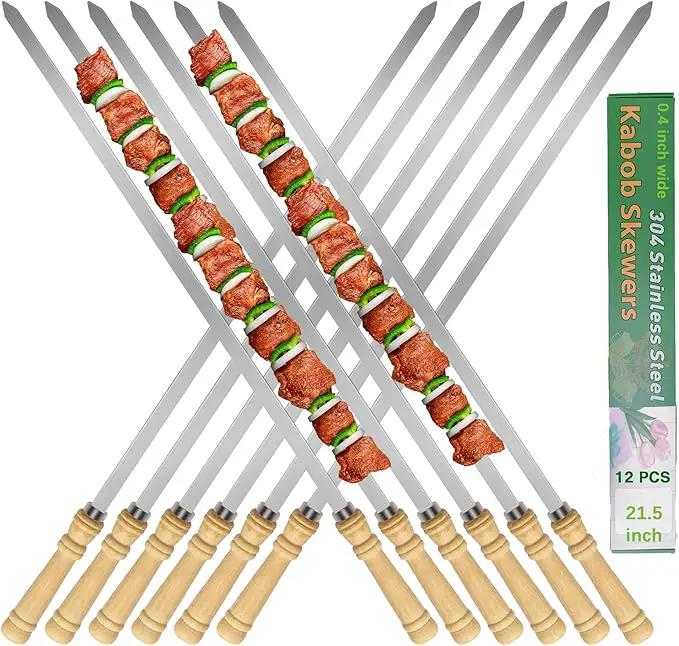 21.5 inch Long Flat Skewers for Kabobs (12 PCS),0.4" Wide 304 Stainless Steel Barbecue Kebab Skewers for Grilling with Wood Handle,Durable for BBQ Metal Kabob Skewer Sticks for Outdoor by GreenHaven Gardens