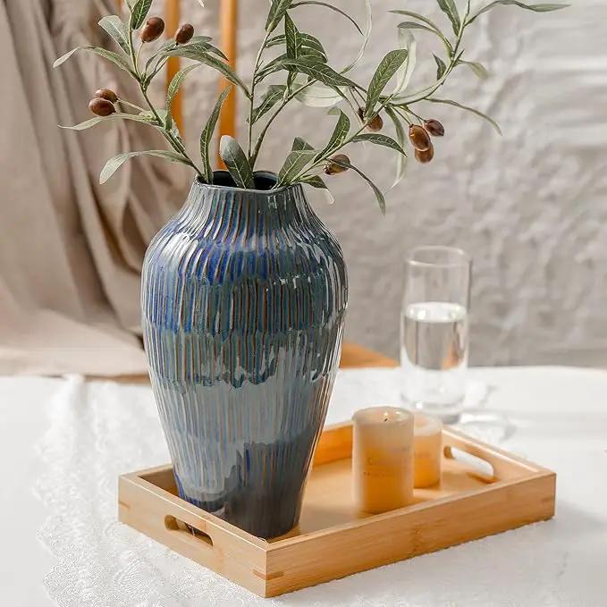 Blue Ceramic Vase for Home Decor,11.6 Inch Flower Vase，Decorative Vases for Pampas Grass，Modern Art Texture Vases for Home Entryway Living Room Dining Table Farmhouse Office Decor-Blue by GreenHaven Gardens