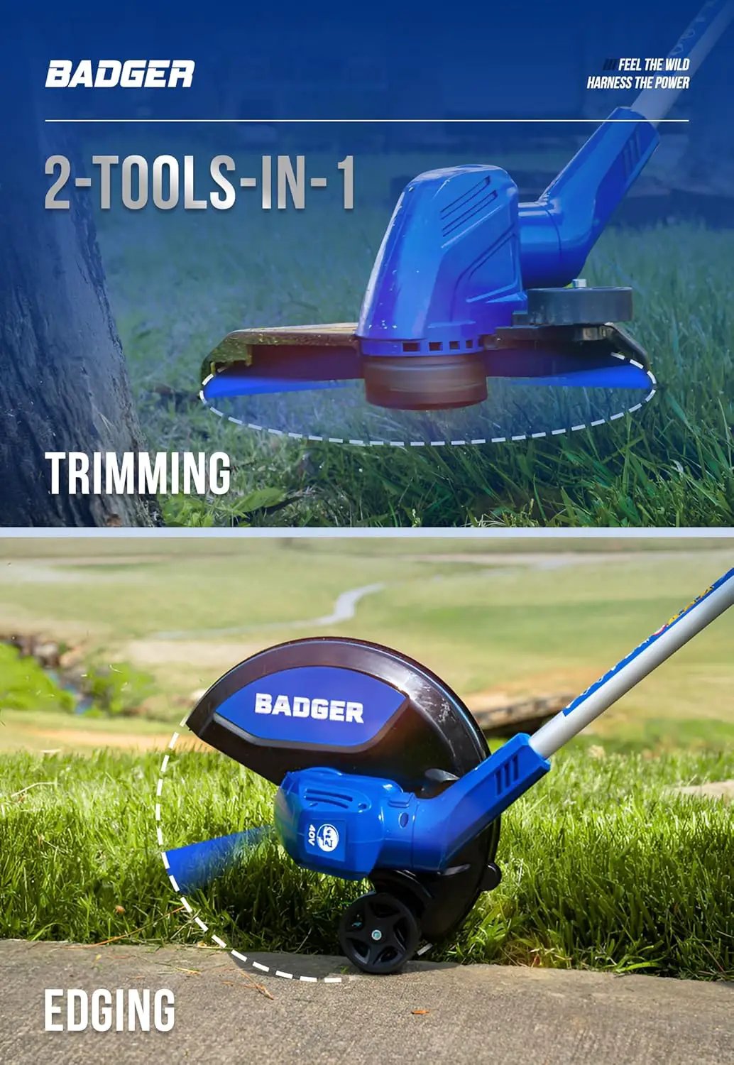 WILD BADGER POWER Weed Wacker 40V 13'' Cordless 2 in 1 String Trimmer/Edger with Auto Feed, 2.0Ah Battery and Charger, 2 Pack Trimmer Line by GreenHaven Gardens