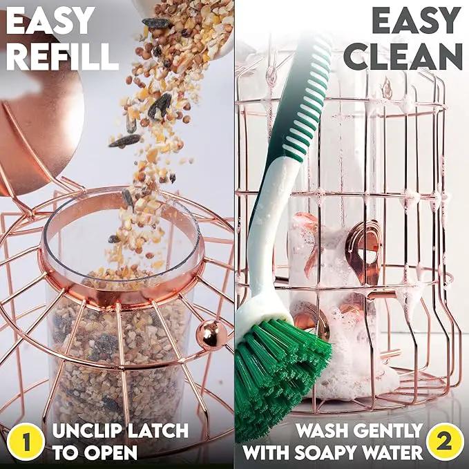 Squirrel Proof Bird Feeder for Outdoors Hanging (Metal Rose Gold) Bird Feeder with 4 Ports, Chew-Proof & Weather Resistant, Backyard Gift (10.25 x 6.25 x 6.25 inches) by GreenHaven Gardens