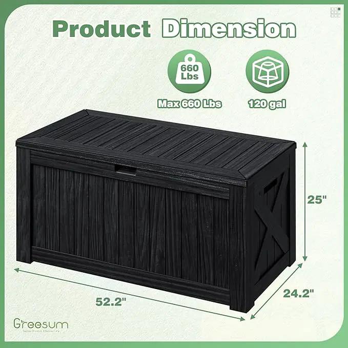 Greesum 120 Gallon Outdoor Storage Box with Lock - Large Resin Deck Box, Reinforced Lid for Garden, Patio, Lawn, Black by GreenHaven Gardens