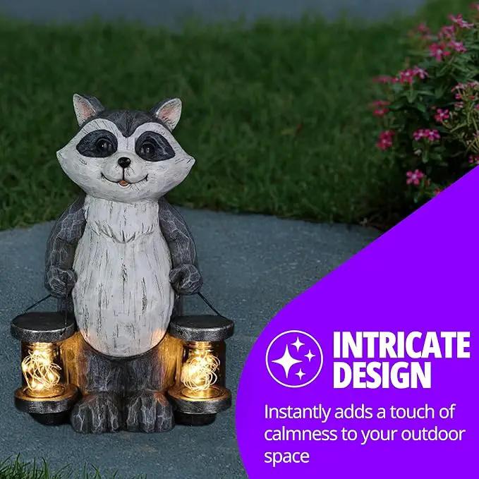 Exhart Garden Sculpture, Raccoon Solar Garden Statue with 2 Jars, 16 LED Firefly Lights, Outdoor Garden Decoration, 7.5 x 9 x 10.5 Inch by GreenHaven Gardens