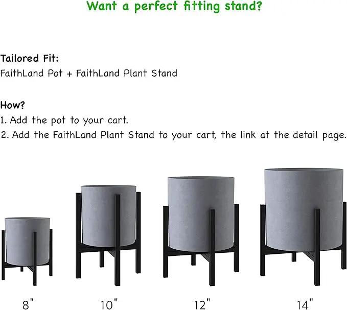 FaithLand Plant Pot 8 inch - Perfectly Fits Mid-Century Modern Plant Stand - Drainage Plug and Drainage Mesh Screen - Gray Planter Pot by GreenHaven Gardens