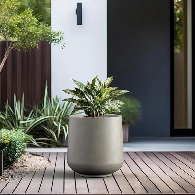 Kante 15.3" Dia Round Concrete Planter, Outdoor Indoor Large Plant Pots Containers with Drainage Hole and Rubber Plug for Home Garden Patio, Buff Concrete by GreenHaven Gardens