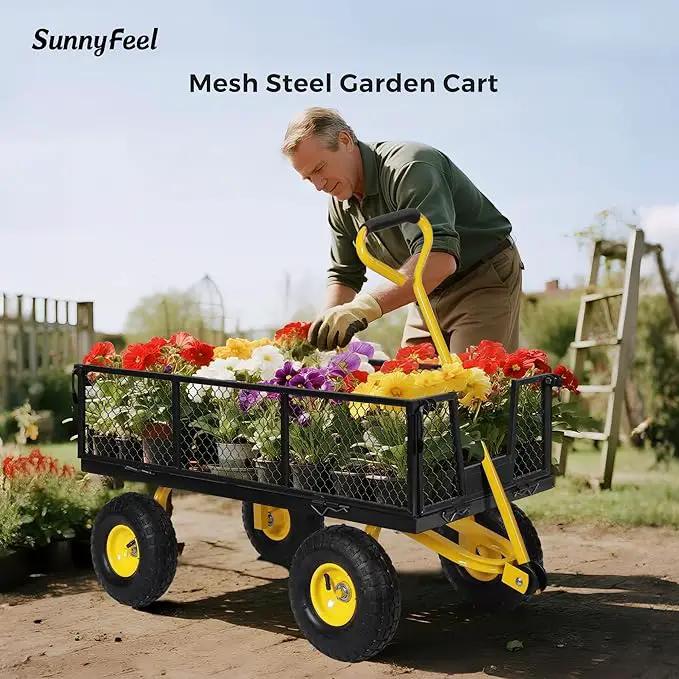 SUNNYFEEL 900 Lbs Capacity Heavy Duty Mesh Steel Garden Cart, Folding Utility Wagon with Removable Sides,10 Inch Flat Free Tires, Black & Yellow