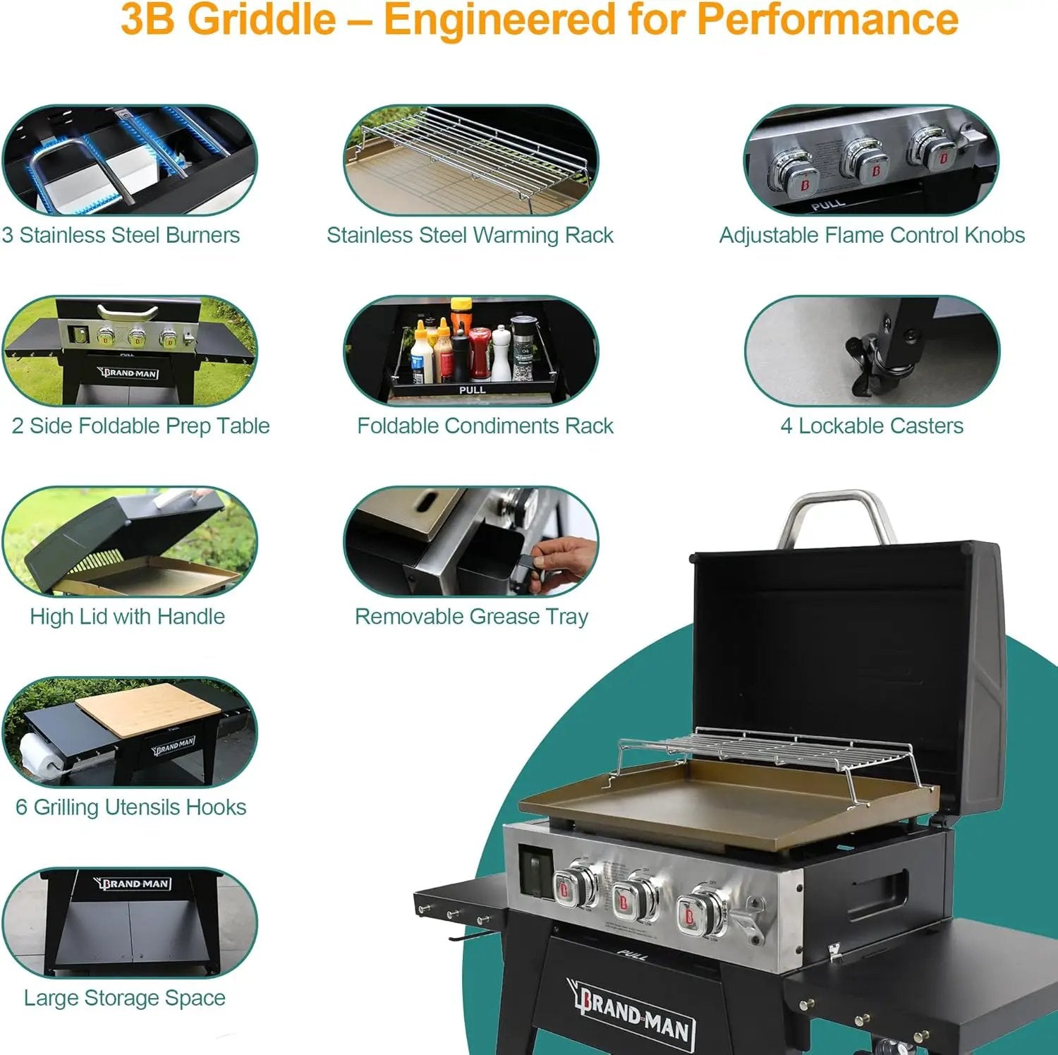 Brand-Man 3-Burner Portable Propane Gas Griddle with Lid - 28,000 BTU Flattop Griddle Grill, 504 Sq. In., Folding Side Tables, Rolling Cart for Outdoor BBQ, Camping, Patio by GreenHaven Gardens