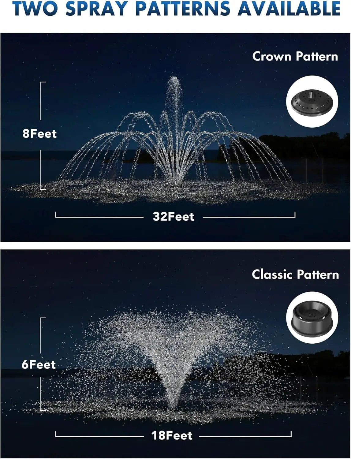 HQUA FS01 120V, 1/2HP, Large Pond Floating Fountain with FSL01 LED RGB Color-Changing Light Sets, 100’ cord, 13000 GPH, Two spray patterns 32'x12' and 18'x6' by GreenHaven Gardens