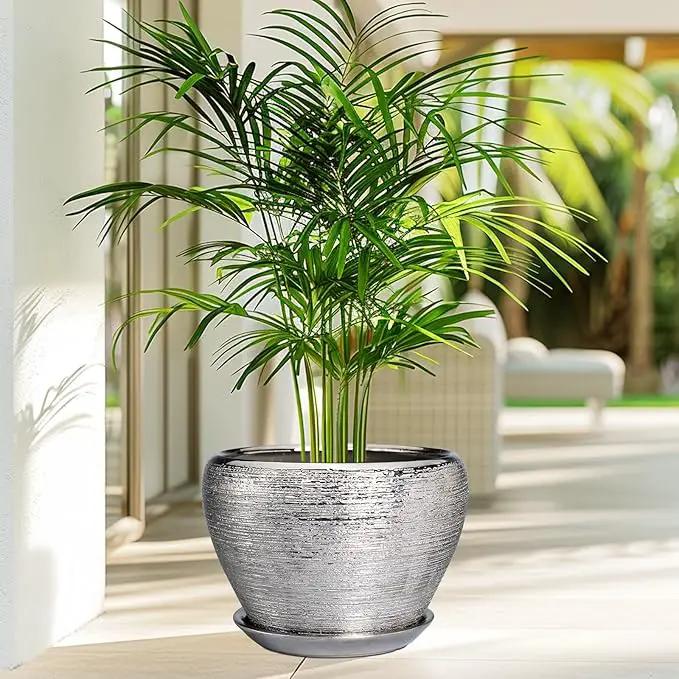 Flower Pot - 10 Inch Planter with Drainage Hole and Saucer - Indoor/Outdoor Decorative Mid-Century Planter - Silver by GreenHaven Gardens