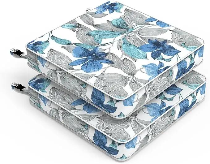LVTXIII Patio Chair Cushions 22"x22"x3", Water-Repellent Outdoor Seat Cushions for Patio Furniture, Square Chair Pads with Ties for Home Garden Decoration, Set of 2, Clemens Noir Blue by GreenHaven Gardens