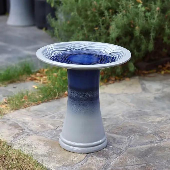 LuxenHome 18 Inch Ceramic Bird Bath for Outside, Elegant Tall Outdoor Bird Bath, Lightweight Pedestal Glazed Birdbaths for Outdoors with Swirl Pattern, Ombre Blue by GreenHaven Gardens