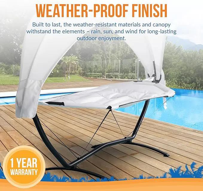 Island Retreat Sea Breeze Steel Frame Hammock Lounge Chair with Canopy - Luxury Shaded Hammock with Stand for Outside - Boho Style Beach Chair with Adjustable & Removeable Canopy - Black & Champagne by GreenHaven Gardens