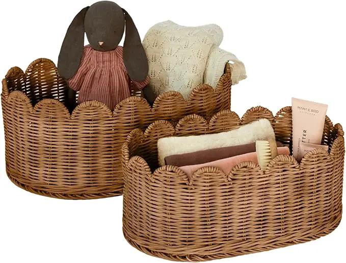 BEBE BASK Premium Scalloped Basket Set Of 2 - Scallop Basket - 16 x 10 x 7 Inch - Hand-Woven Elegant Wicker With Scalloped Edge - Nursery Storage (Mocca) by GreenHaven Gardens