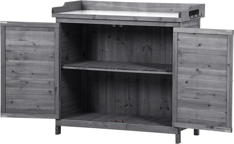 Merax Outdoor 39" Potting Bench Table, Rustic Garden Wood Workstation, Storage Cabinet with 2-Tier Shelves and Side Hook, Grey by GreenHaven Gardens