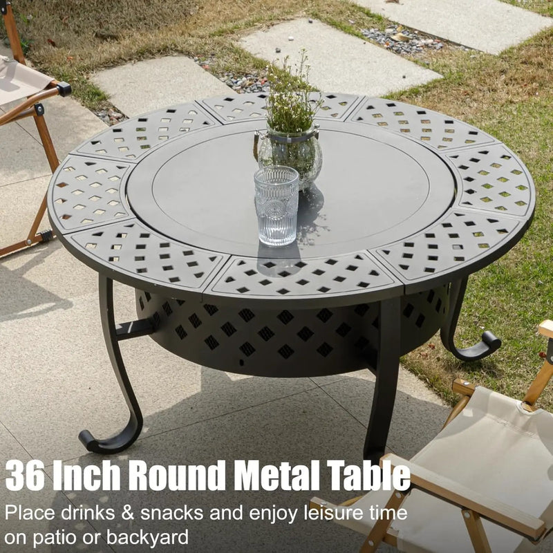 36 Inch Fire Pit with 2 BBQ Grills, Wood Burning Fire Pits for Outside with Lid & Fire Poker, BBQ& Outdoor Firepit & Round Metal Table 3 in 1 for Patio, Picnic, Party by GreenHaven Gardens