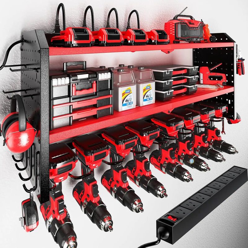 KAFAHOM Power Tool Organizer with Charging Station, Built in 8 Outlet Power Strip, Large 8 Drill Holder Wall Mount, Heavy Duty Metal Power Tool Storage Rack Tool Shelf for Garage Organization Red by GreenHaven Gardens
