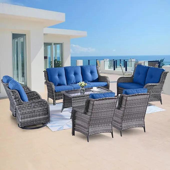 Outdoor Wicker Furniture Patio Set - 7 Piece Backyard Furniture Grey Rattan Conversation Sets with Swivel Rocker Chairs, Rattan Sofa, Club Chairs and Coffee Table, Blue Cushion by GreenHaven Gardens