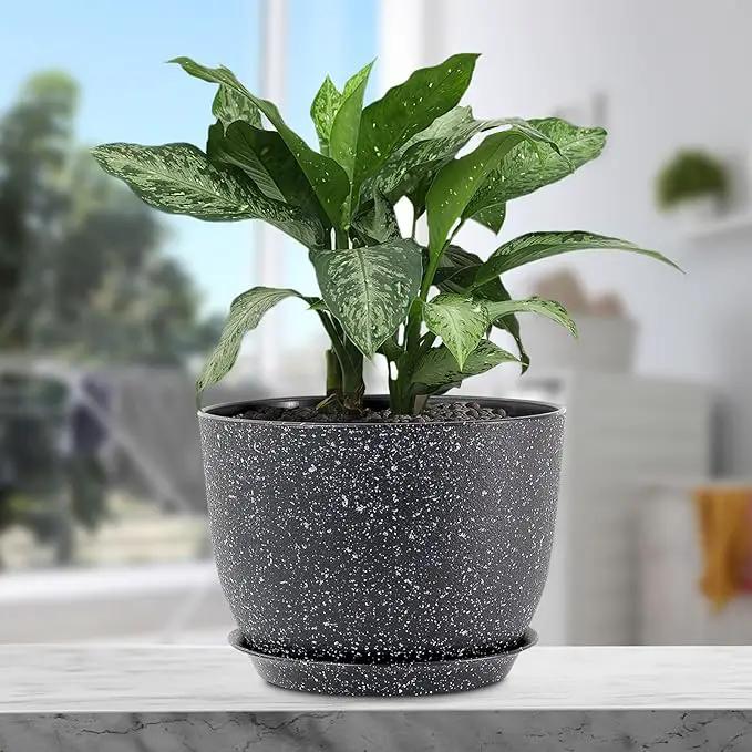 12 inch Big Plant Pots, Plastic Planters with Drainage Holes and Trays, Large Flower Pots for Indoor Outdoor Plants, Modern Decorative Pots for Garden House Plants, Speckled Black by GreenHaven Gardens