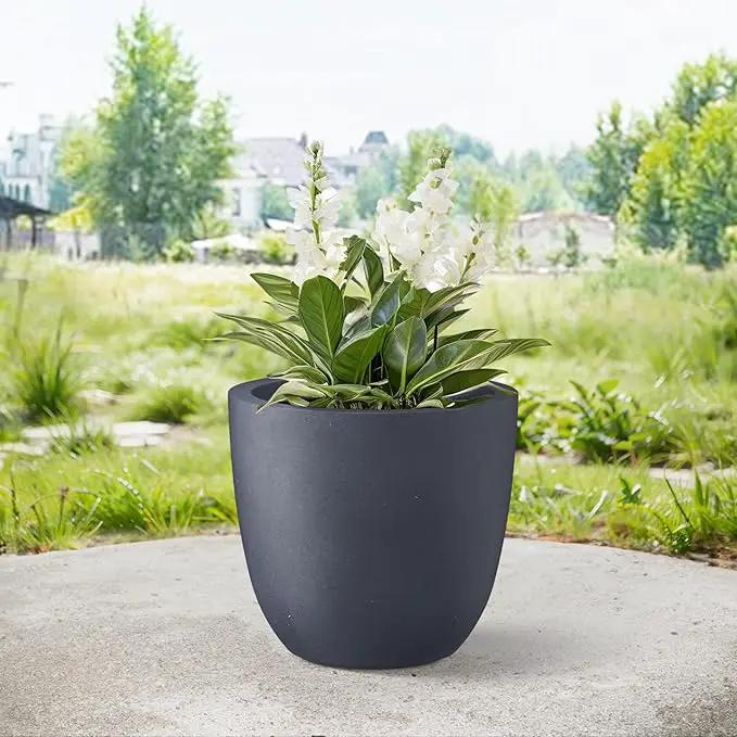 Kante 14 Inch Dia Round Concrete Planter, Indoor Outdoor Large Plant Pot with Drainage Hole and Rubber Plug for Home Patio Garden, Dark Gray by GreenHaven Gardens