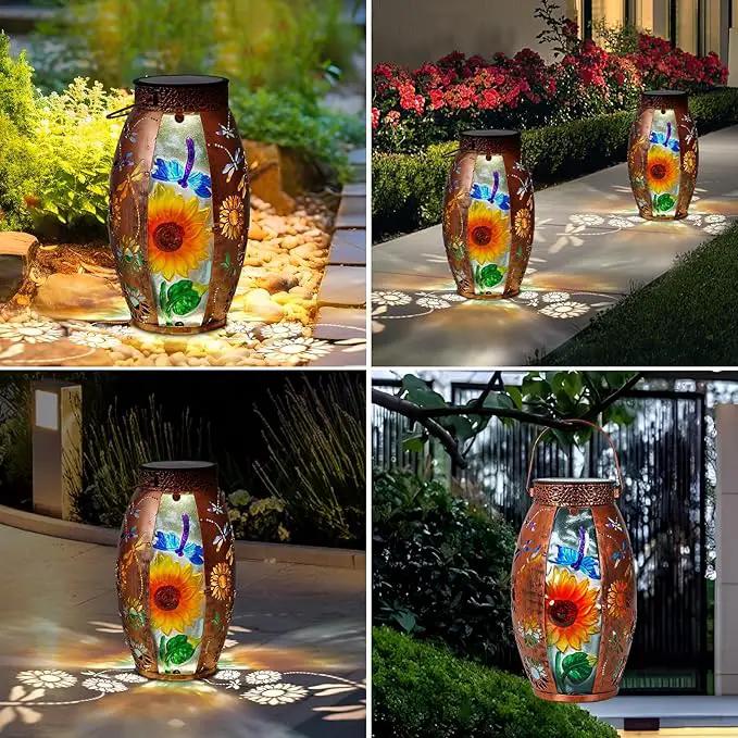 Solar Lanterns Outdoor Hanging Light - Sunflower Dragonfly Solar Powered LED Glass Lights Decorative Waterproof Tabletop Lamp with Hollowed-Out Design for Yard Table Patio Garden Pathway Holiday by GreenHaven Gardens