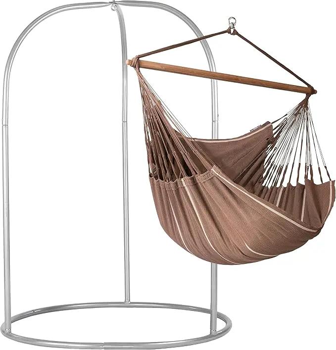 LA SIESTA® - XL King Habana Cotton Hammock Chair & Romano Steel Stand - Hanging Hammock Chair w/Stand - Indoor Outdoor Hammock Chair Swing for Bedroom Porch Balcony - Boho Hanging Chair - Chocolate by GreenHaven Gardens