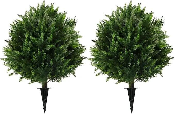 Sunnyglade Set of 2 Artificial Cedar Topiary Ball Trees, Faux Cedar Shrub Bushes with Ground Spike 25.5", UV Resistant Fake Cedar Plants for Indoor, Garden, Yard, Porch, Patio Decor (Green) by GreenHaven Gardens