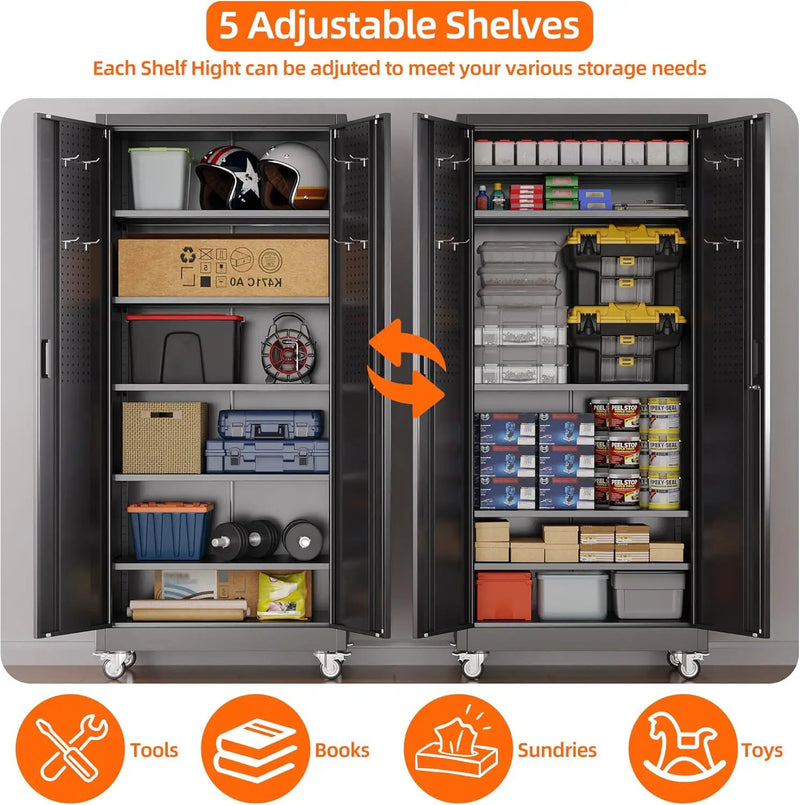 Aobabo 71" H×32" W×16" D Metal Storage Cabinet with Wheels, Garage Steel Storage Cabinet with 5 Adjustable Shelves and 4 Hooks for Home Office, Kitchen, Assembly Required, Black by GreenHaven Gardens