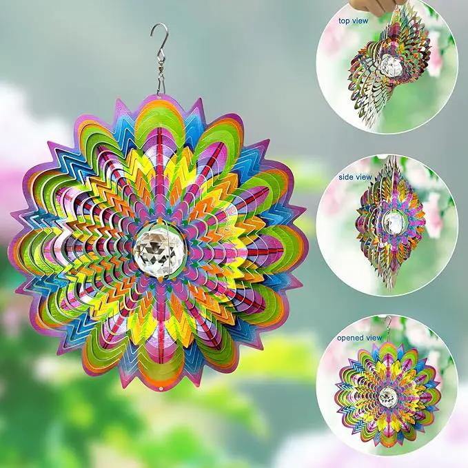 FONMY Mandala Wind Spinner w/Crystal Ball-Bloosom 3D Stainless Steel Suncatcher Hanging Spinners Worth Gift Christmas Decoration Indoor/Outdoor Garden Décor Kinetic Yard Art 12 Inches Wind Sculpture by GreenHaven Gardens