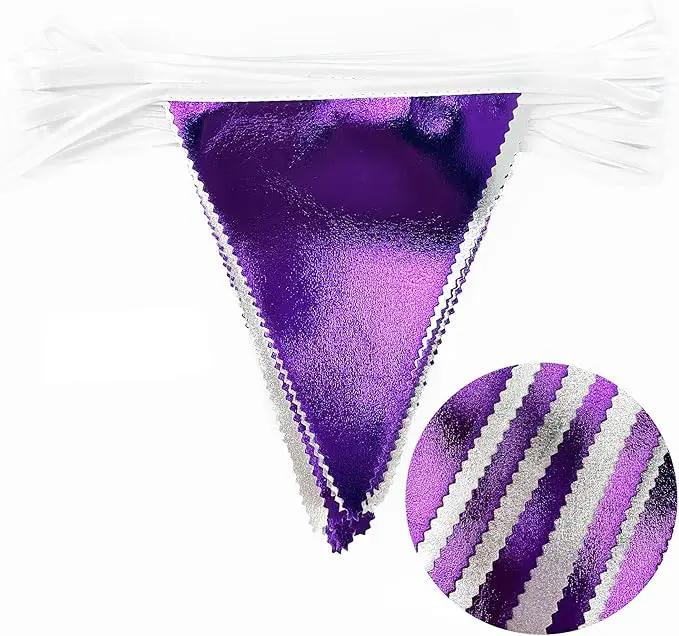 Purple and Silver Party Decorations Triangle Pennant Banner Flag Metallic Fabric Bunting Garland for Birthday Graduation Retirement Bachelorette Wedding Bridal Shower Engagement Disco Party Supplies by GreenHaven Gardens