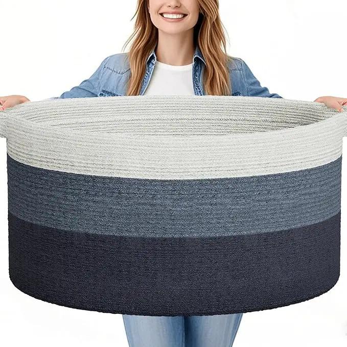125L Extra Large Blanket Basket, 25" x 16", Jumbo Laundry Woven Baskets Decorative Home, Cotton Rope Basket with Handles, Baby Toy Baskets for Storage, Gradual Blue, 2PC by GreenHaven Gardens