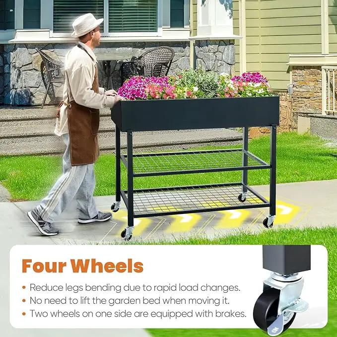 KING BIRD Raised Garden Bed with Legs & Double-Layer Storage Shelf, Galvanized Elevated Planter Box with Lockable Wheels for Backyard, Patio, Balcony, 400lb Capacity, Black, 48x24x38 in by GreenHaven Gardens