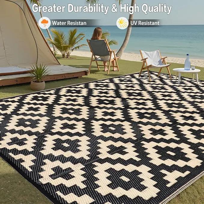 Outdoor Plastic Straw Rug, Waterproof Mat, Washable Large Floor Mat and Rug for Outdoors, RV, Beach, Patio, Camping, Backyard, Deck, Picnic, Indoor Outside (8x10ft,Geometry/Black&Beige) by GreenHaven Gardens