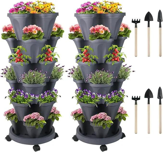 Vertical Planter 6 Tier Stackable Planters Garden Planters Strawberry Herb Flower and Vegetable Planter Indoor Outdoor Gardening Pots with Removable Wheels and Tools by GreenHaven Gardens